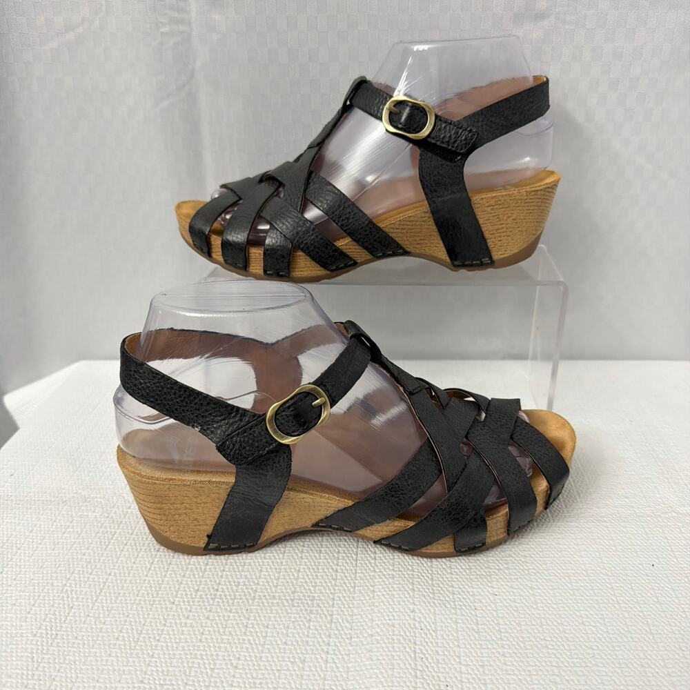 Dansko Sandals Womens Size 7 Tinley Wedge Black Leather Strappy Slingback 37 - Picture 9 of 11